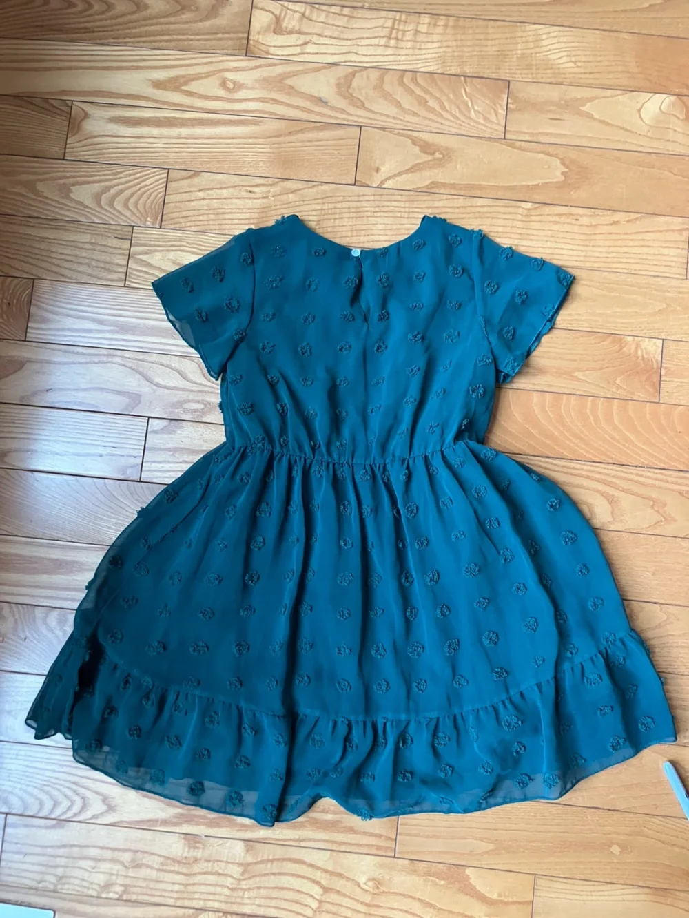 Girls 8-9 Deep Blue-Green chiffon dress with puffy dots